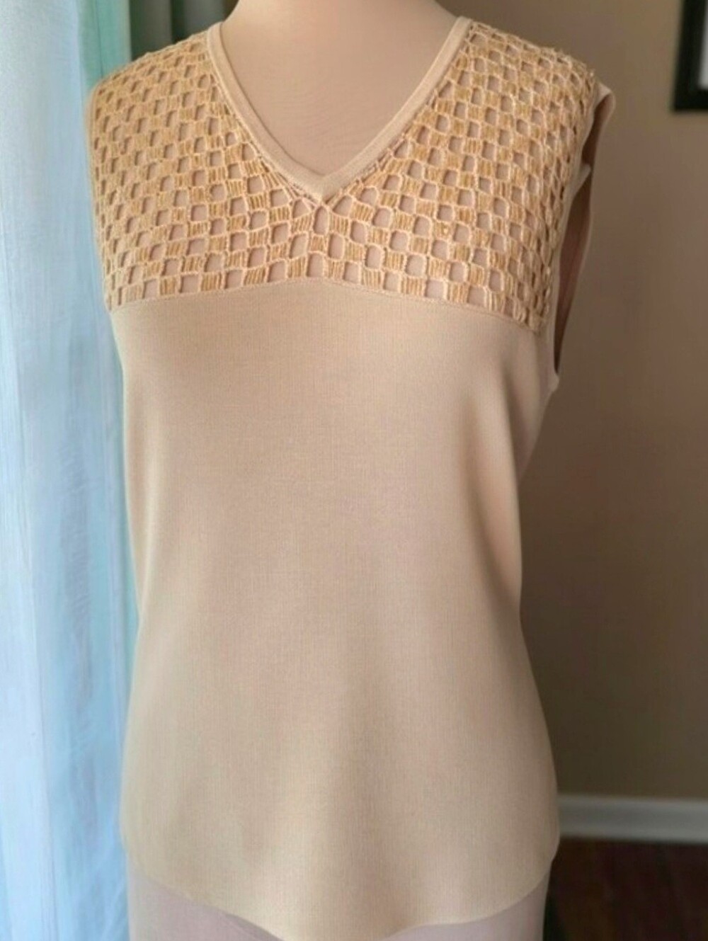 Ziani Couture Beaded Crochet Mesh Tank Top V-Neck Tan Beige Shimmer Blouse L